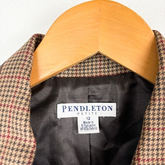 Pendleton Brown Houndstooth Plaid Virgin Wool Leather Trim Blazer Sz 12 - Picture 4 of 9